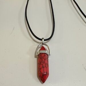 NWOT Red Marble Quartz Silver Alloy Bezel Tree of Life Pendent on 19” Black Cord